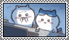 chiikawa and haciiware in a dark room infront of a latop. chiikawa has a scared expression